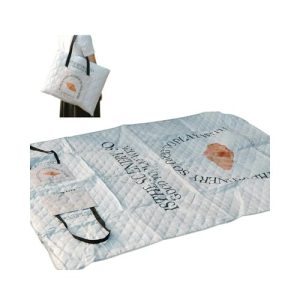Custom 2-in-1 picnic mat tote bag shown as a carry tote and unfolded into a waterproof picnic mat