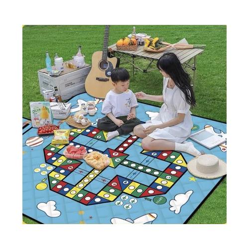 Alternative ludo board design of the custom games picnic mat in use at a family picnic