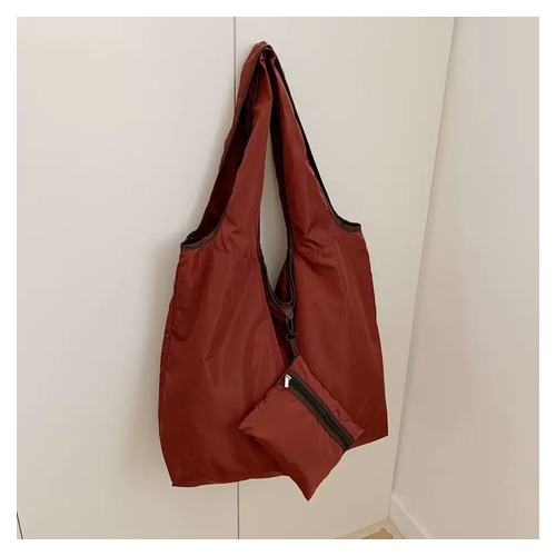 Custom Large Foldable Bag with Zipper Pouch in angora red shown flat with its zip pouch, waterproof polyester tote for corporate gifting in Singapore