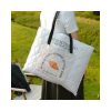 Custom 2-in-1 Picnic Mat Tote Bag Shoulder Carry Custom 2-in-1 picnic mat tote bag folded and carried over the shoulder with a printed logo panel