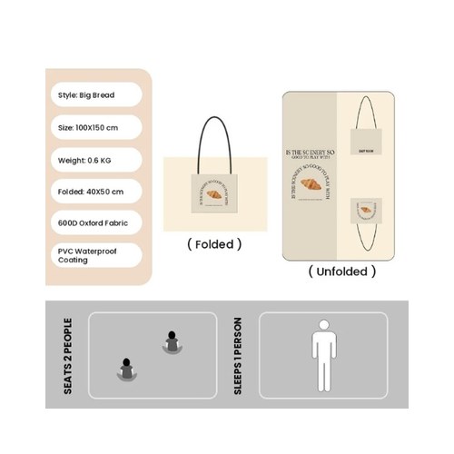 Custom 2-in-1 Picnic Mat Tote Bag Specifications Specifications of the custom 2-in-1 picnic mat tote bag: 100 x 150 cm open, 40 x 50 cm folded, 600D Oxford with PVC waterproof coating
