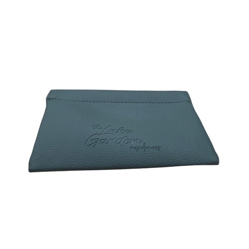 Custom PU Leather Pouch for Access Card and Keys Singapore Custom PU leather pouch for access card and keys in grey with debossed logo, flat view, Singapore