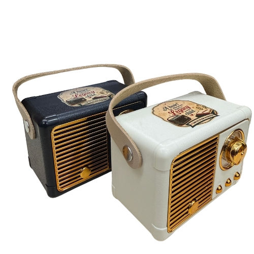 Custom Retro Radio Bluetooth Speaker in White and Black with Full-Colour UV Printed Logo Custom Retro Radio Bluetooth Speaker in white and black with a full-colour UV printed school crest on the top panel