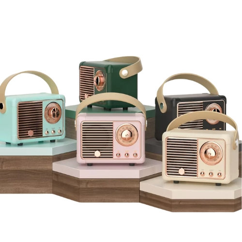 Custom Retro Radio Bluetooth Speaker Colour Range in Mint Green Pink Black and Cream Custom Retro Radio Bluetooth Speaker shown in mint green, forest green, pink, black and cream colourways