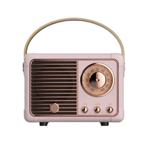 Custom Retro Radio Bluetooth Speaker in Pink with Rose Gold Tuning Dial Pink custom retro radio bluetooth speaker with rose gold tuning dial and ribbed speaker grille