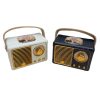 Custom Retro Radio Bluetooth Speaker Front View in White and Black Front view of the custom retro radio bluetooth speaker in white and black with gold grille and jute carry handle