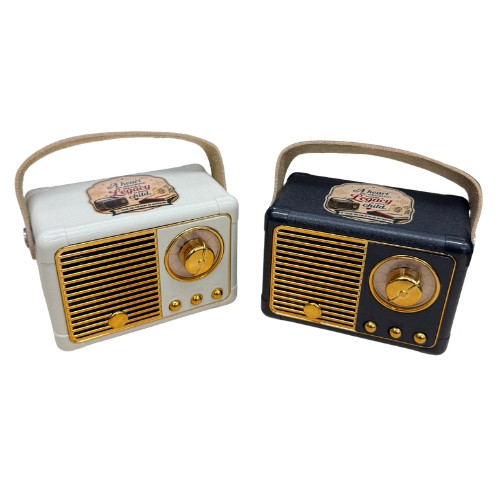 Custom Retro Radio Bluetooth Speaker Front View in White and Black Front view of the custom retro radio bluetooth speaker in white and black with gold grille and jute carry handle