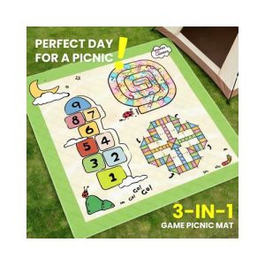 Custom snakes and ladders 3-in-1 games picnic mat laid out on grass beside a tent