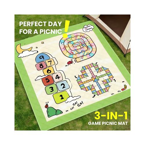 Custom snakes and ladders 3-in-1 games picnic mat laid out on grass beside a tent