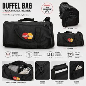 Feature overview of a custom barrel sports bag: durable fabric, smooth zips, strong handles and a side zip pocket, Singapore