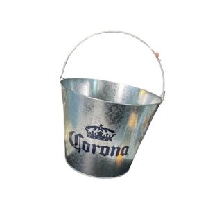 Custom galvanised steel ice bucket with swing carry handle and wrap-around brand print, Singapore F&B promotion