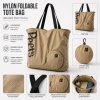 Custom Nylon Foldable Tote Bag Features Singapore Feature overview of a custom nylon foldable tote bag: water-resistant fabric, shoulder straps, round zip pouch folding to 16cm, Singapore