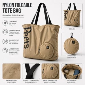 Feature overview of a custom nylon foldable tote bag: water-resistant fabric, shoulder straps, round zip pouch folding to 16cm, Singapore