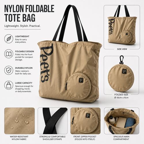 Custom Nylon Foldable Tote Bag Features Singapore Feature overview of a custom nylon foldable tote bag: water-resistant fabric, shoulder straps, round zip pouch folding to 16cm, Singapore