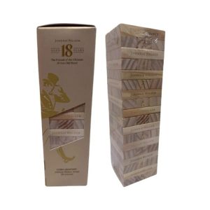 Custom wooden stacking tower game with branded blocks beside its printed gift box, Singapore corporate gift