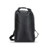Black 20L roll-top dry bag closed and standing upright with backpack straps, Singapore