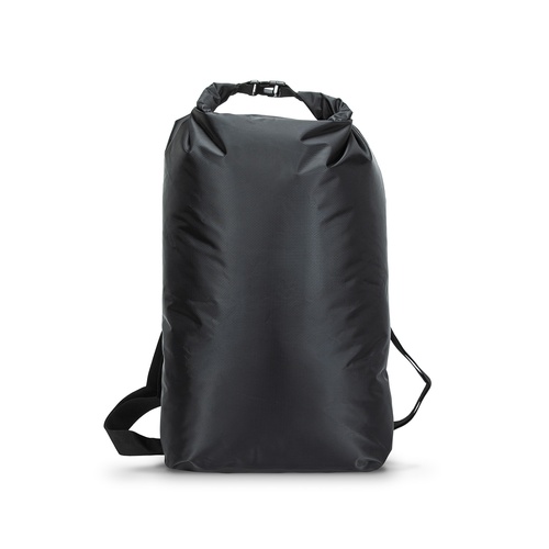 Black 20L roll-top dry bag closed and standing upright with backpack straps, Singapore