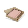 Blush pink A5 notebook with elastic closure beside a matching pen in a kraft gift box, Singapore