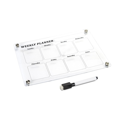 Clear acrylic weekly planner with printed day boxes, corner magnets and a black dry erase marker, Singapore