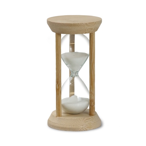 Natural bamboo five minute sand timer with white sand and a glass vessel, Singapore