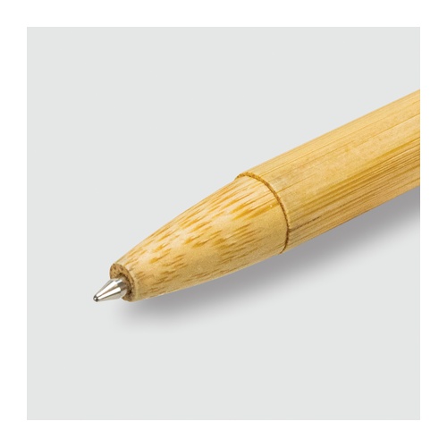 Custom Bamboo Pen with Logo Print, Moso Bamboo Ballpoint 3 Close view of the 1mm nib and bamboo tip on a retractable bamboo ballpoint pen, Singapore