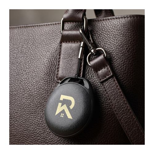 Branded bluetooth tracker clipped to the handle of a brown leather handbag, Singapore