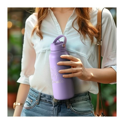 1L Vacuum Bottle, Powder Coated Steel with Loop Lid 6 A woman carrying a branded lilac 1 litre vacuum bottle by its loop lid, Singapore