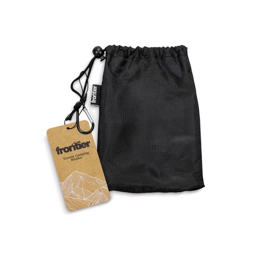 Black drawstring carry pouch for a camping blanket with a kraft hangtag attached, Singapore
