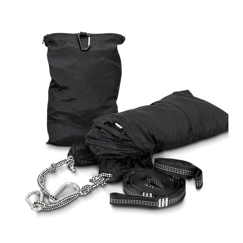 Custom Hammock, Frontier Stratus 210T Nylon for Two 2 Everything supplied with the camping hammock laid out: packed hammock, stuff pouch, webbing tree straps and two steel carabiners, Singapore