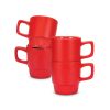 Four red stackable ceramic mugs nested together to show the space saving design, Singapore
