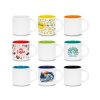 Corporate Gift Mug, 355ml Ceramic with Full Colour Wrap Print 8 Nine branded ceramic mugs shown together to display the range of interior colours available, Singapore