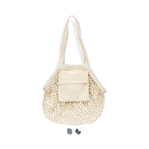 Small 3 litre cotton mesh tote bag in natural unbleached cotton with a front slip pocket and long handles, Singapore