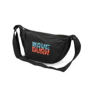 Print mock-up showing a sample logo transfer printed on the front of a black crescent crossbody bag, Singapore