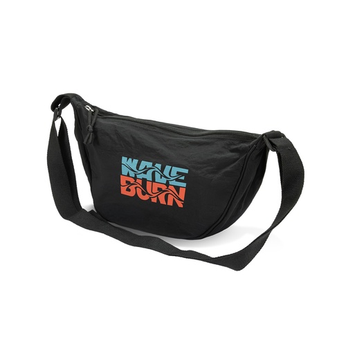 Print mock-up showing a sample logo transfer printed on the front of a black crescent crossbody bag, Singapore