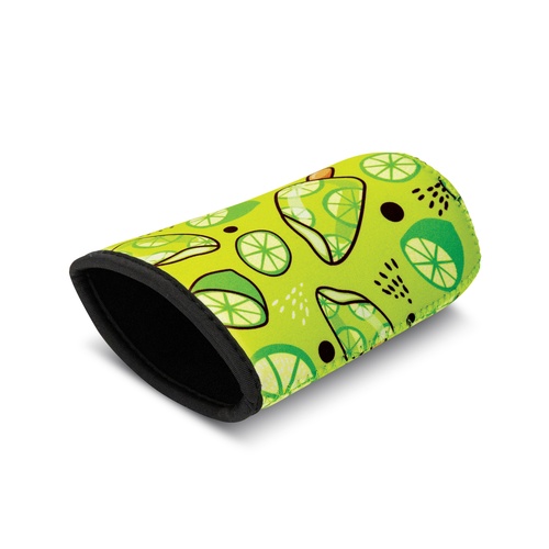 Custom Neoprene Cup Sleeve, Reusable Insulated Sleeve for Takeaway Cups 4 Neoprene cup sleeve lying on its side showing the printed body and black trim at both ends, Singapore