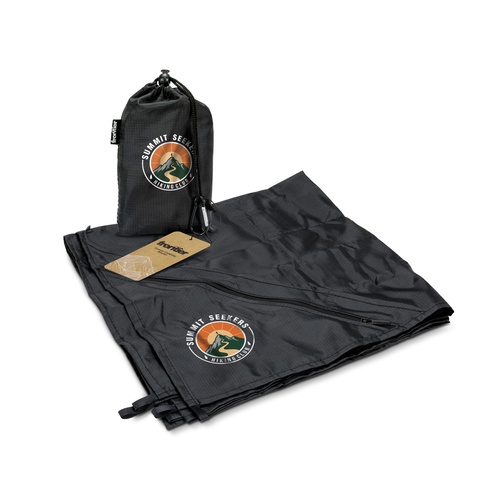 Print mock-up showing a sample roundel logo on a water resistant camping blanket and its pouch, Singapore