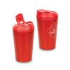 Custom Coffee Cup, 350ml Double Wall Steel with Flip Lid 7 Print mock-up showing a logo printed on the side of a red double wall reusable coffee cup, shown with the lid open and closed, Singapore