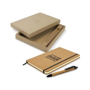 Print mock-up showing a logo printed on the cork cover of an A5 notebook beside its matching cork barrel pen and natural gift box, Singapore