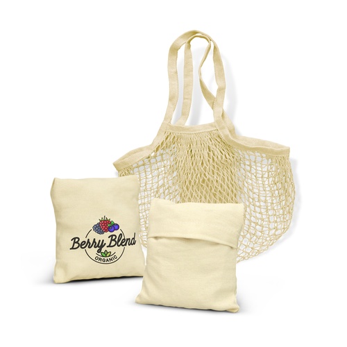 Custom Cotton Net Tote Bag, 5L Mesh Shopper with Fold-Away Pouch 1 Print mock-up showing a full colour logo screen printed on the cotton pouch of a 5 litre net tote bag, Singapore