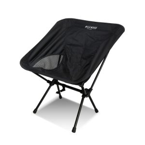 Print mock-up showing a logo screen printed on the backrest of a lightweight black folding camp chair, Singapore