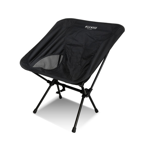 Print mock-up showing a logo screen printed on the backrest of a lightweight black folding camp chair, Singapore