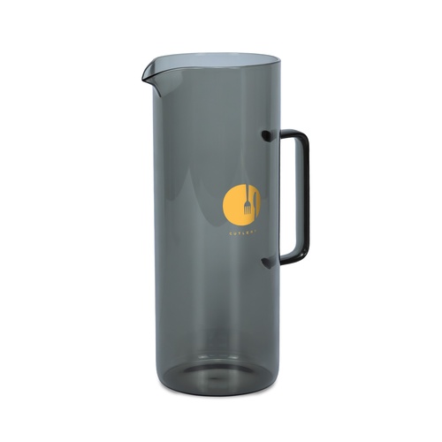 Custom Glass Carafe 1.5L in Smoked Borosilicate, Gift Boxed 1 Print mock-up showing a sample logo pad printed on a dark tinted 1.5L glass carafe, Singapore