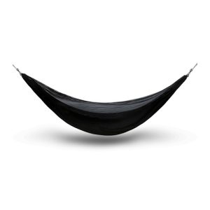 Black 210T nylon camping hammock hung open and ready to sit in, Singapore