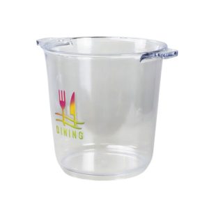 Print mock-up showing a full colour logo printed on the side of a clear 7.5L ice bucket, Singapore