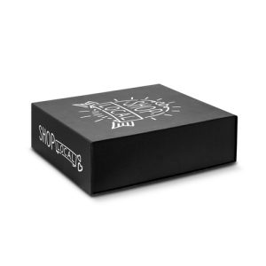 Print mock-up showing a white screen printed logo on the lid of a large matt black magnetic gift box, Singapore