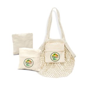 Print mock-up showing a full colour logo printed on the cotton pouch of a small mesh foldaway tote, Singapore