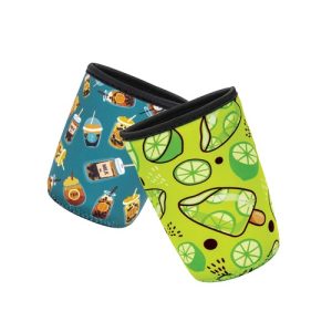 Print mock-up showing two neoprene cup sleeves printed edge to edge in full colour, one teal coffee pattern and one lime pattern, Singapore