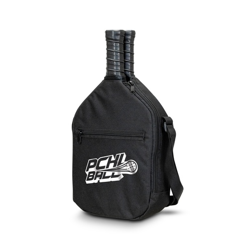 Print mock-up showing a sample logo on the zippered carry bag of a pickleball paddle and ball set, Singapore
