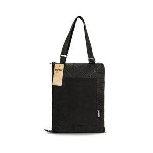 Quilted picnic blanket folded into its carry shape with an adjustable shoulder strap and kraft hangtag, Singapore