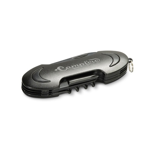 Print mock-up showing a logo laser engraved on the closed aluminium body of a multi-function pocket knife, Singapore